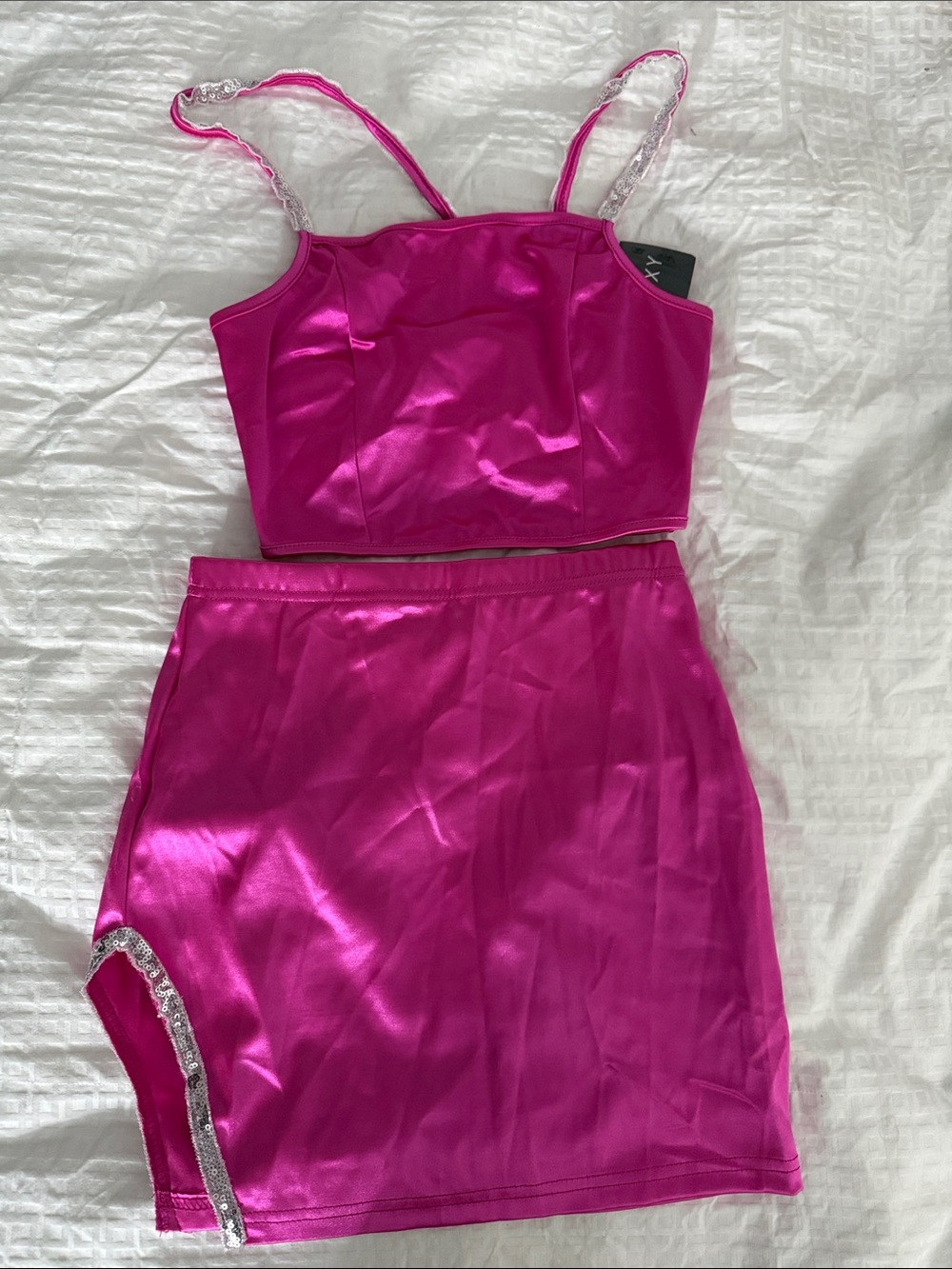 SHEIN Hot Pink Satin Mini Skirt Two-Piece Set